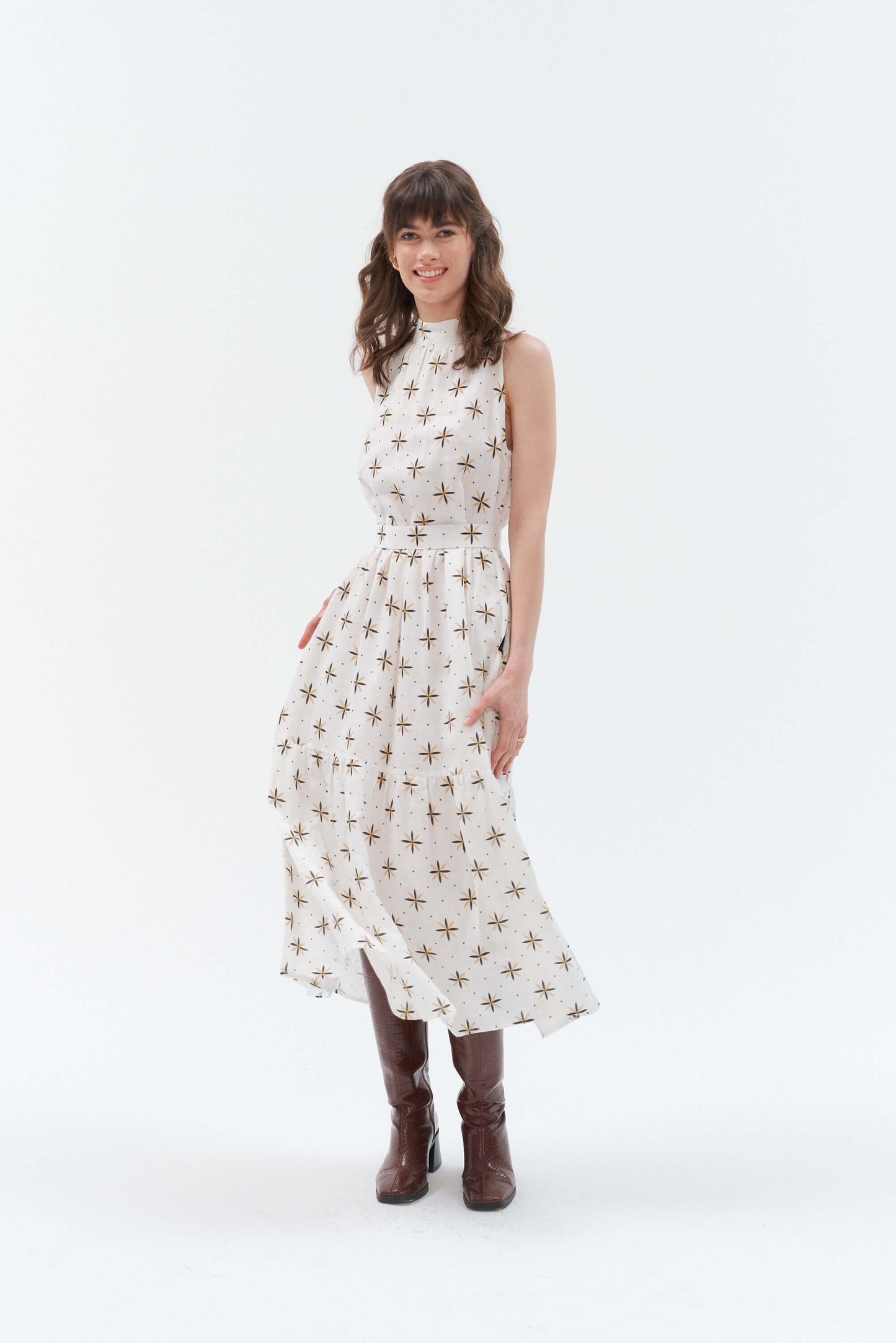 Grand Duchess boho style long linen dress Blinding Star in white with unique linen pattern
