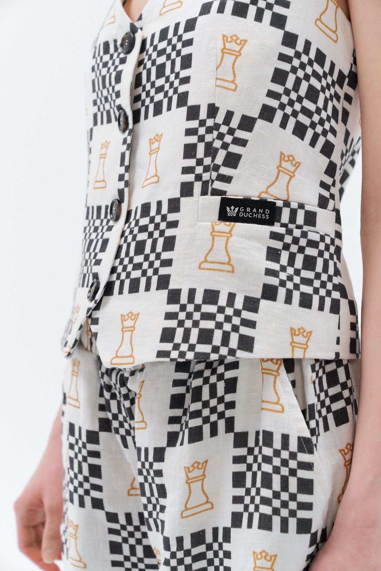 Grand Duchess women's linen waistcoat vesta in black and white chess print.