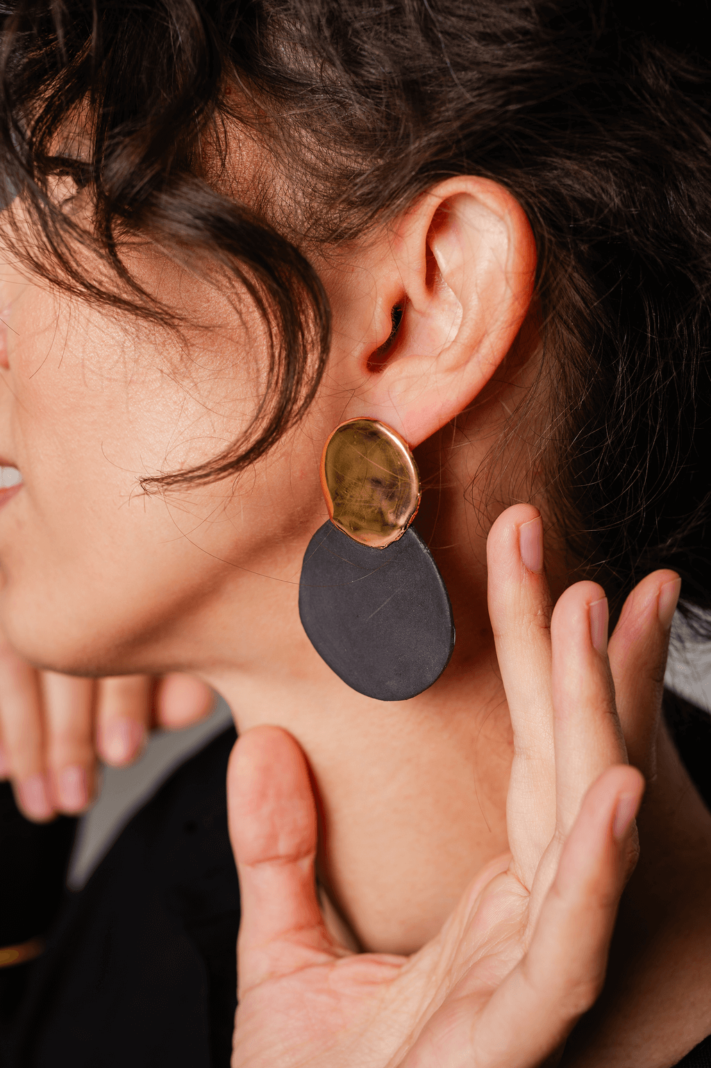 Luxury handmade round-shaped porcelain earrings with 12K gold detailing, lightweight, hypoallergenic, perfect for special occasions