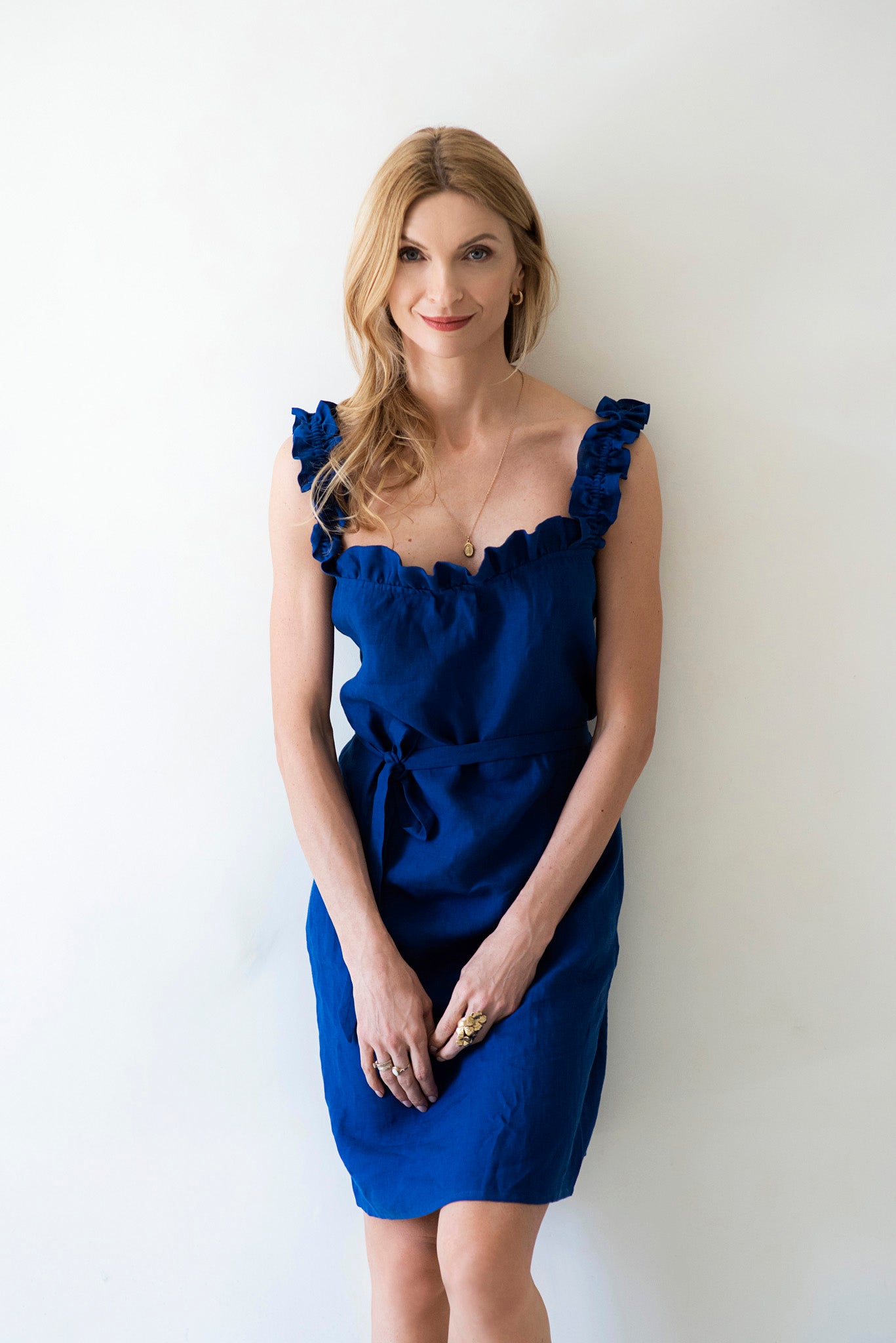 Women's summer linen dress with ruffles, pockets and straps