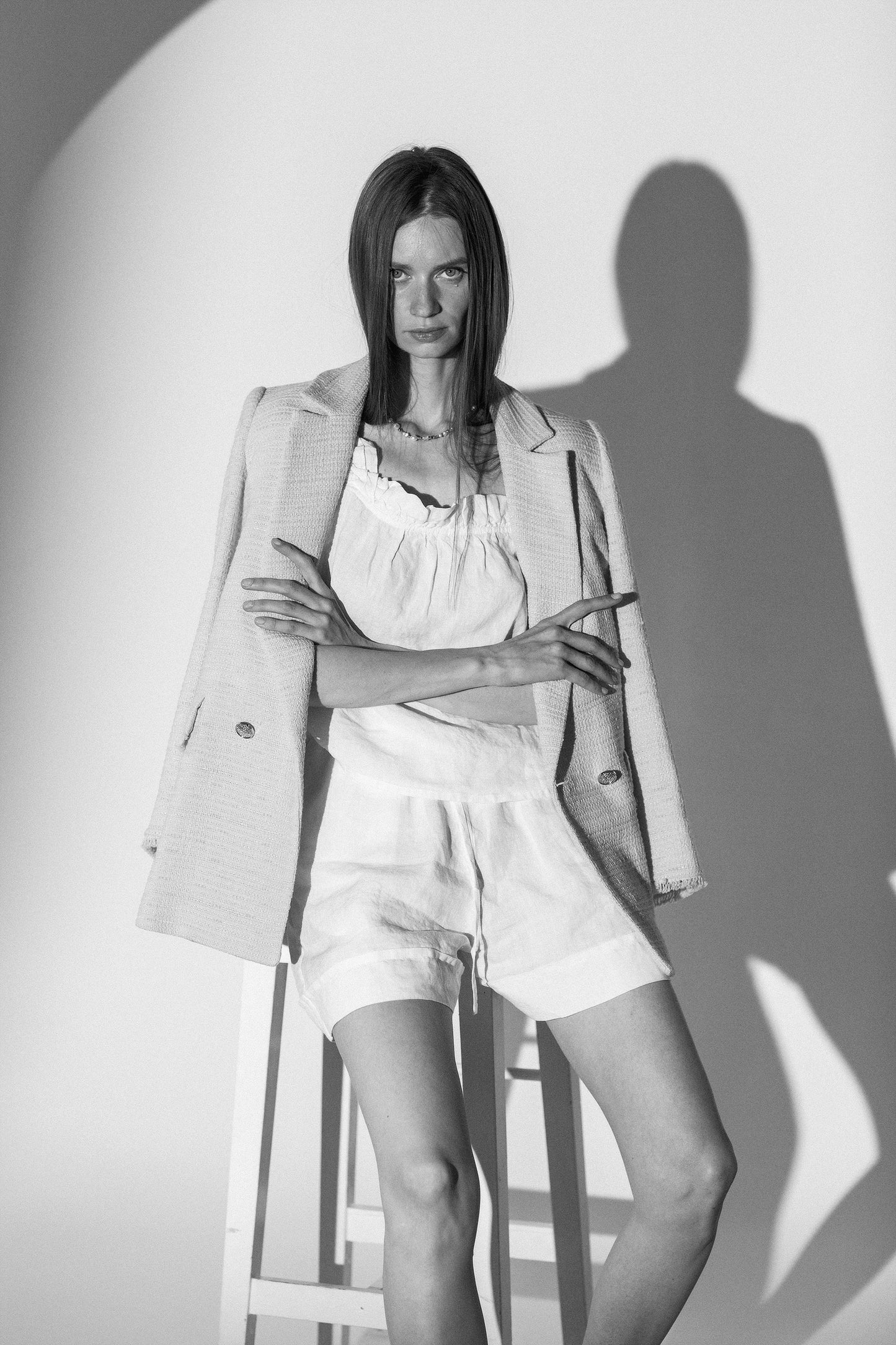 White women's linen shorts with pockets