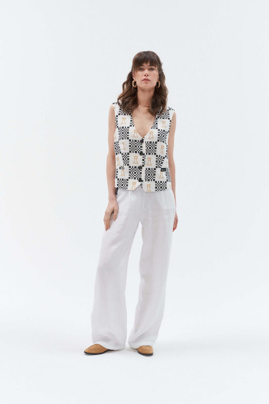 Grand Duchess women's linen waistcoat vesta in black and white.