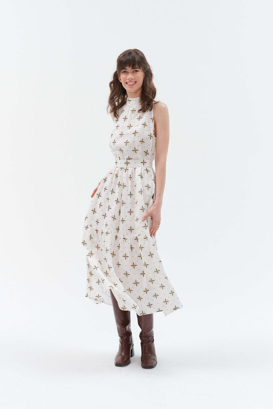 Grand Duchess boho style long linen dress Blinding Star in white with unique linen pattern