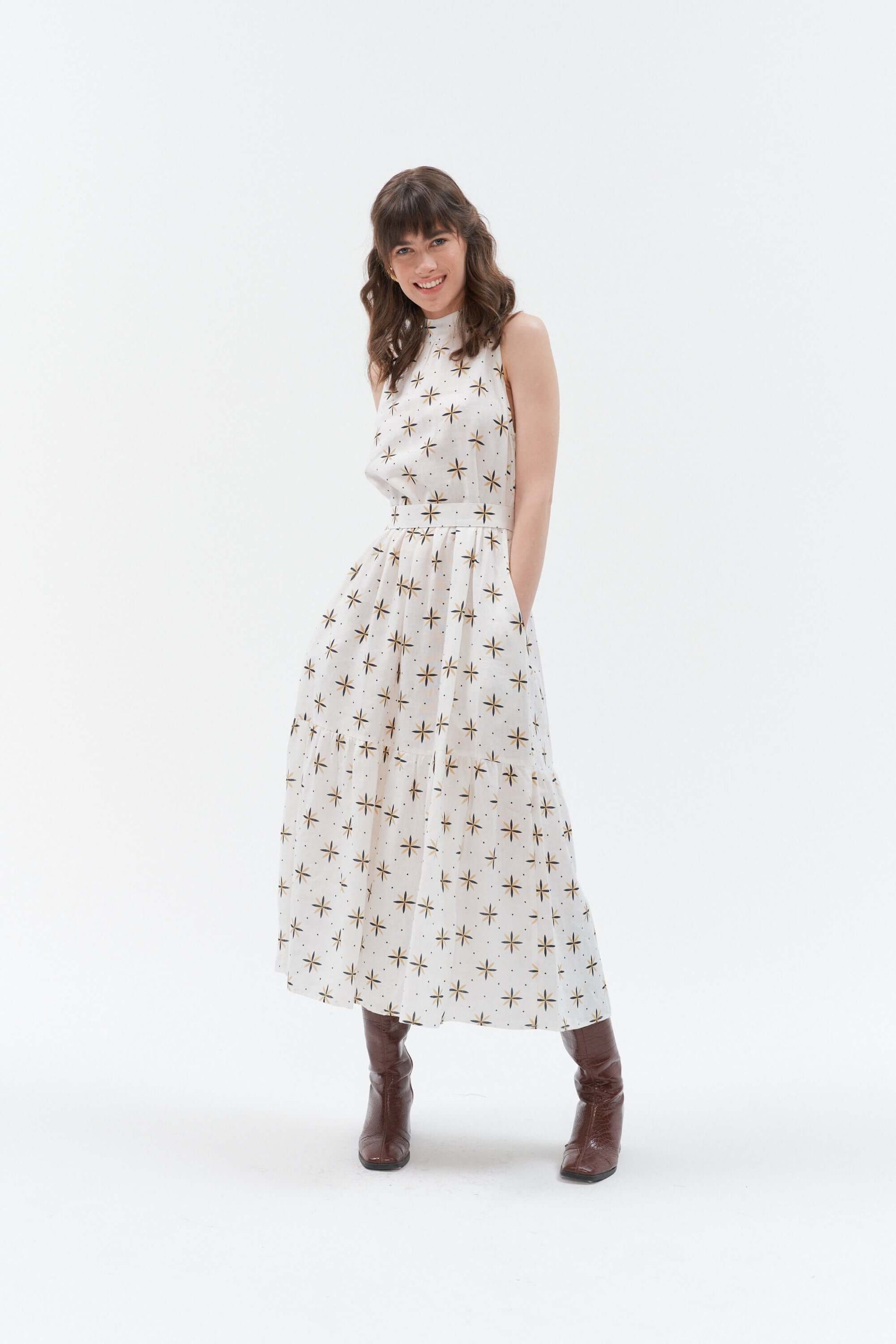White boho linen dress for women with unique pattern, ideal for summer or seaside events