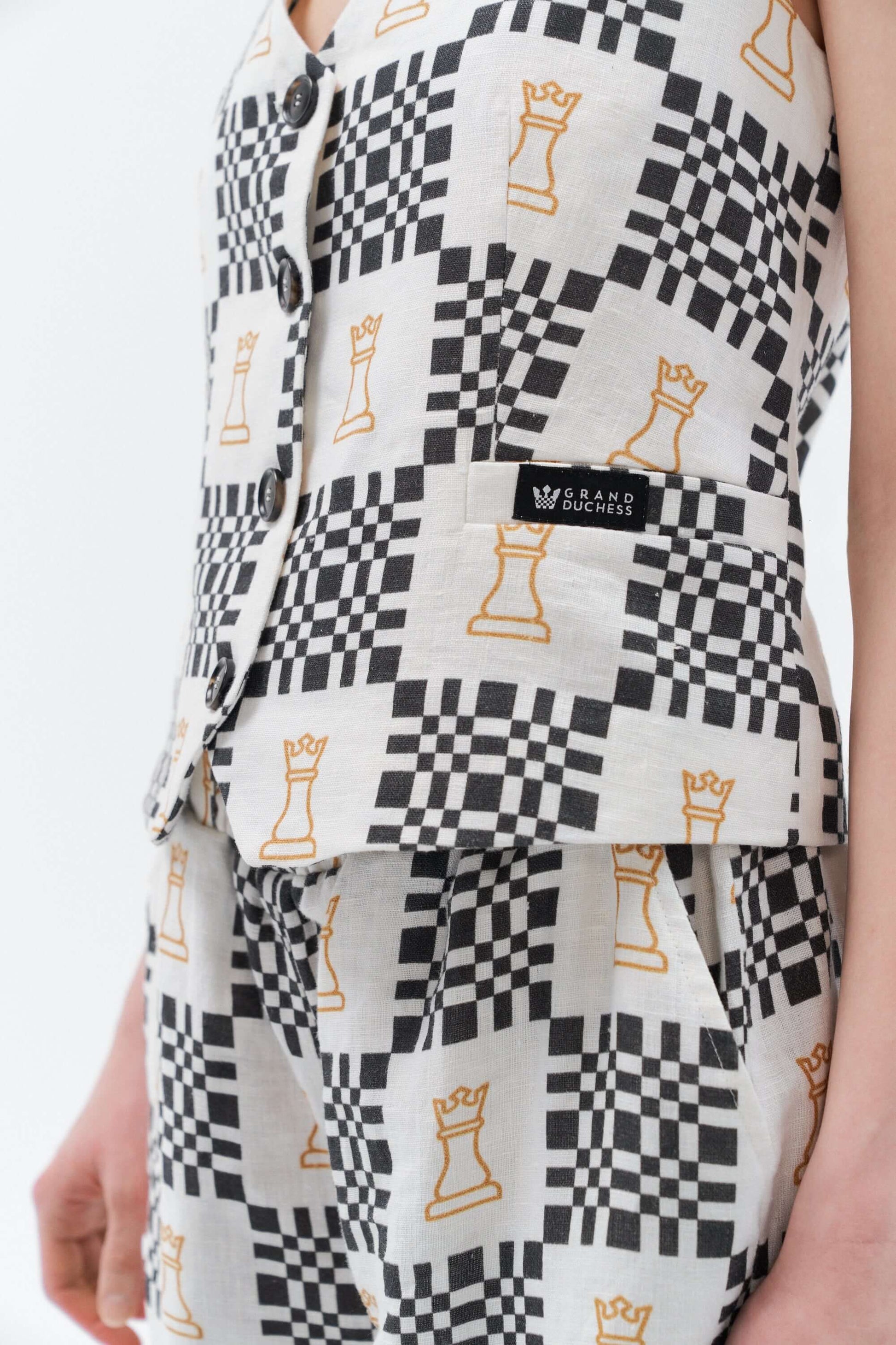 Grand Duchess women's linen waistcoat vesta in black and white chess print.