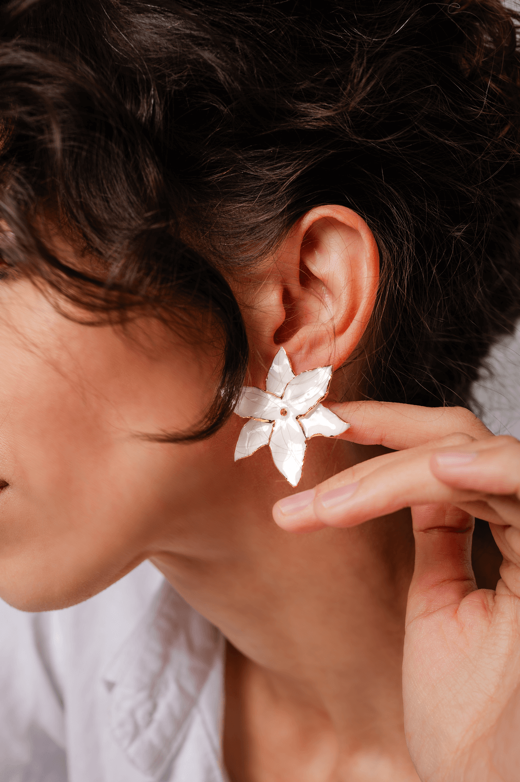 Bloom handmade flower-shaped porcelain earrings with 12K gold accents, lightweight and comfortable for all-day wear.