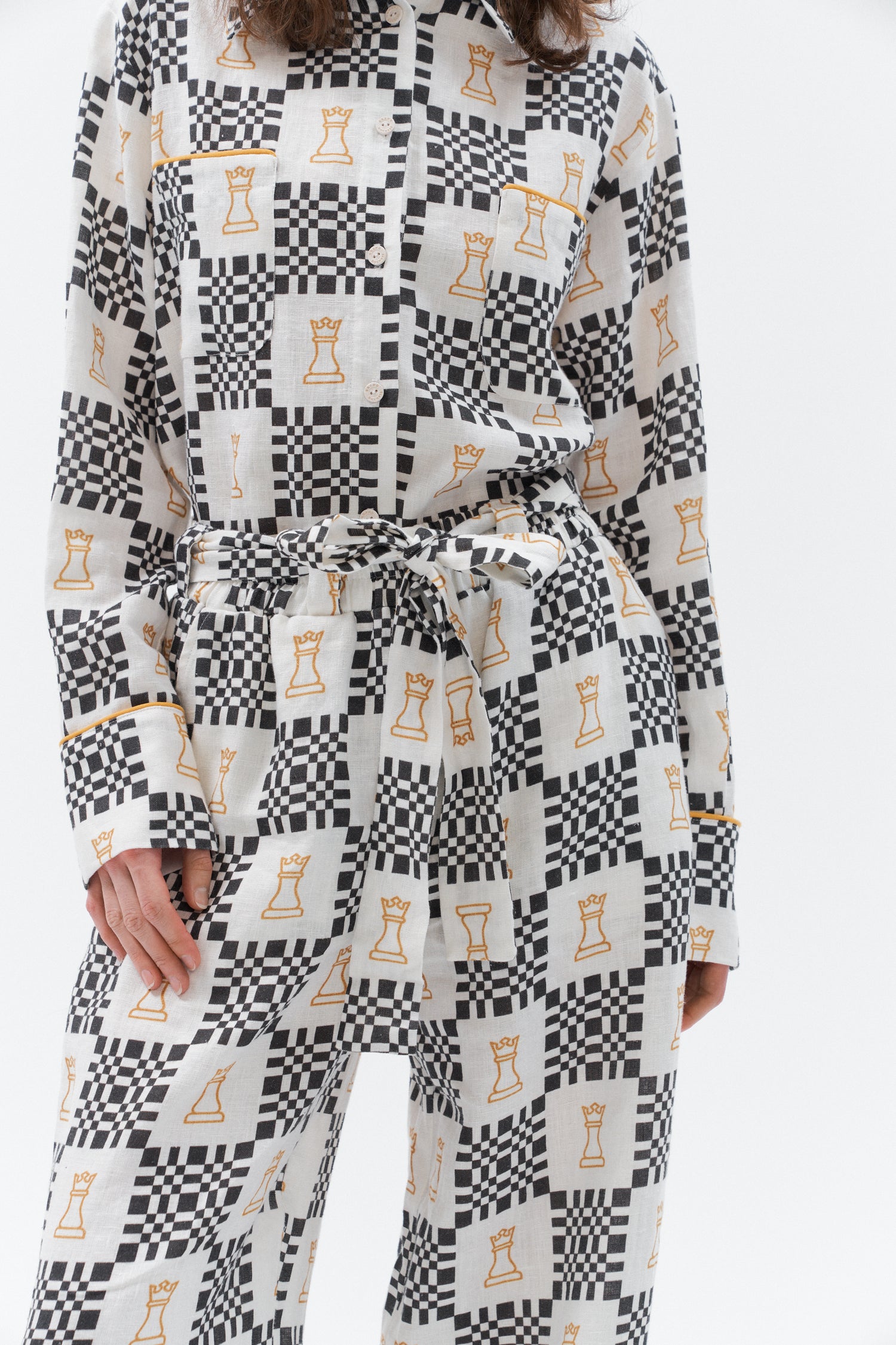 Long sleeved women's linen shirt, unique black and white pattern