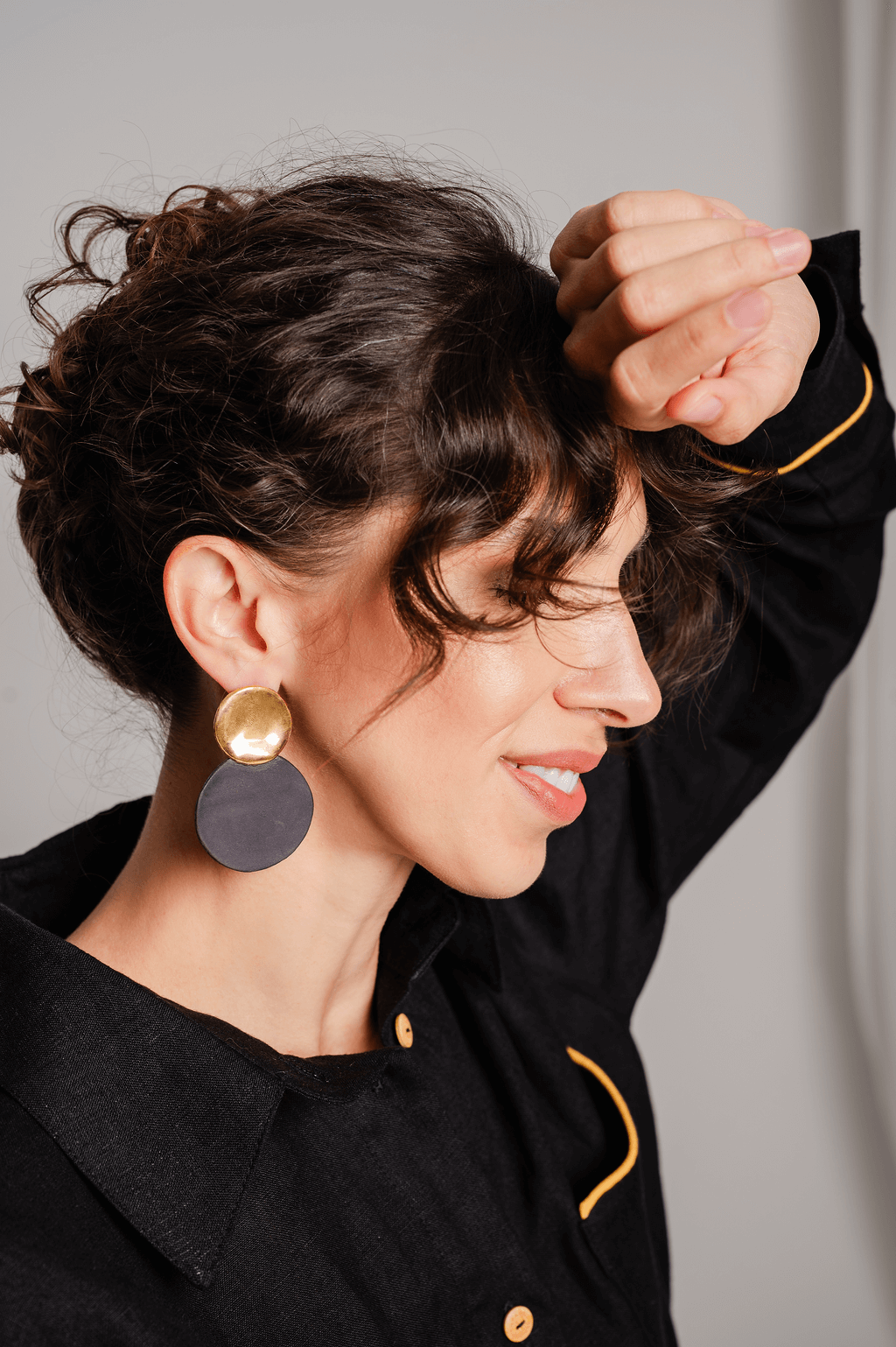 Harmony round-shaped porcelain earrings – artisan handmade, 12K gold accents, lightweight and comfortable for all-day wear.