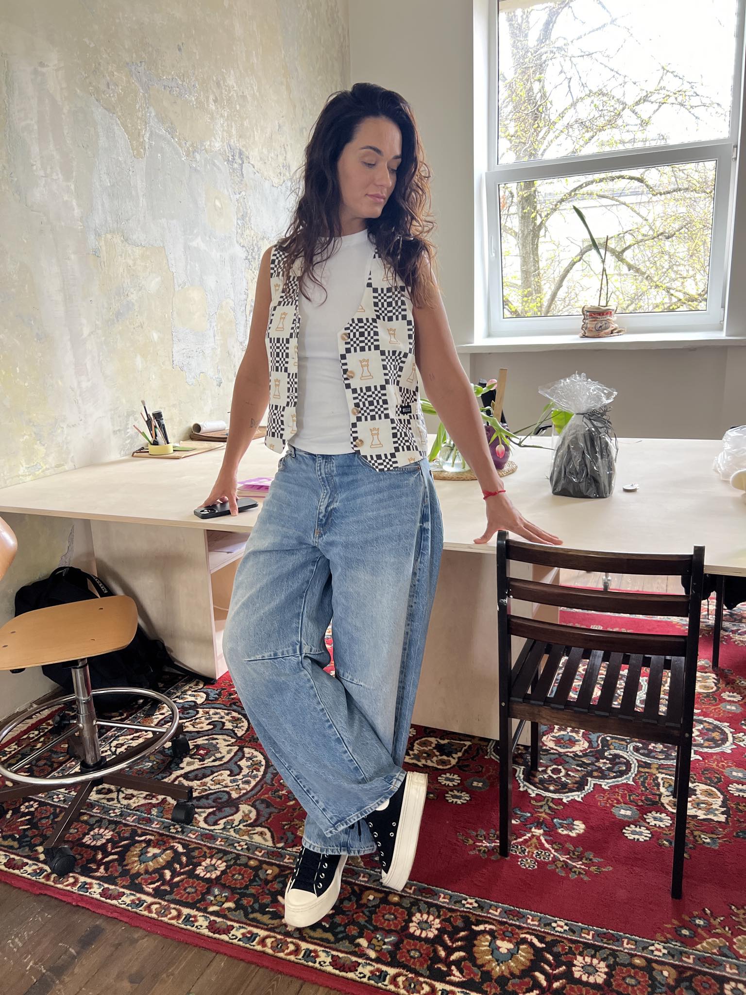 Style inspiration by Viktorija Matu wearing a women’s linen waistcoat with Grand Duchess Iconic pattern.