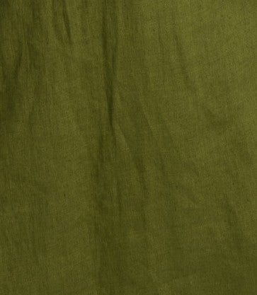 Close-up of olive-colored natural linen fabric, highlighting the texture and breathable quality of the Madison women's linen midi skirt with front slit.