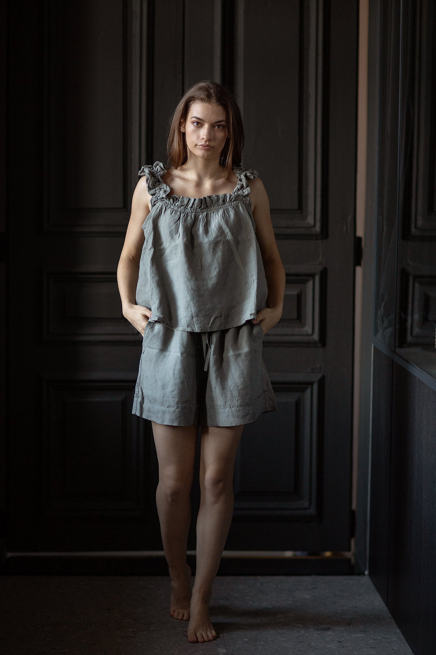 Women's linen two-piece suit Adventurer: linen ruffled strap top and high-waisted linen shorts