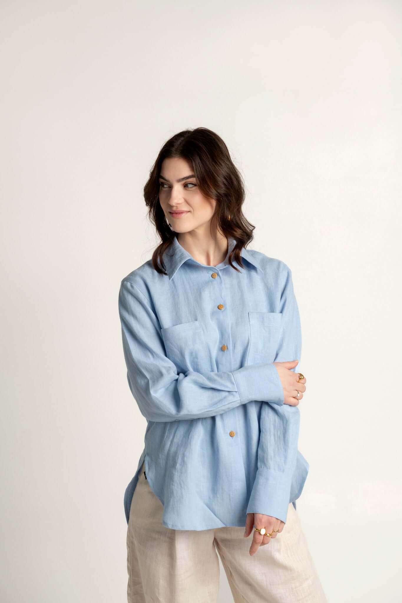 Baby blue women's oversized long sleeve linen shirt.