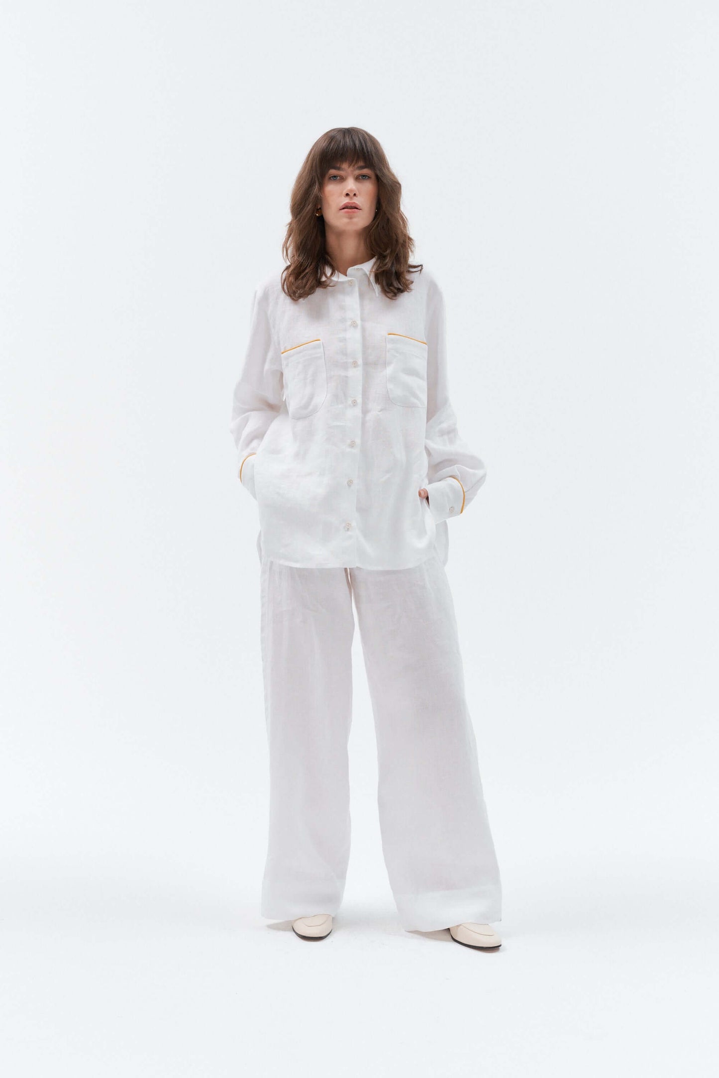Long sleeve white oversized linen shirt with yellow stripes