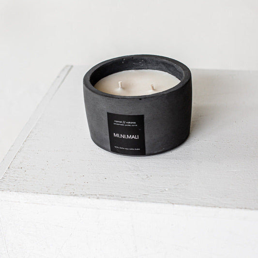 Handmade soy wax candle Evening in black concrete jar with sandalwood and black pepper scent, made in Lithuania
