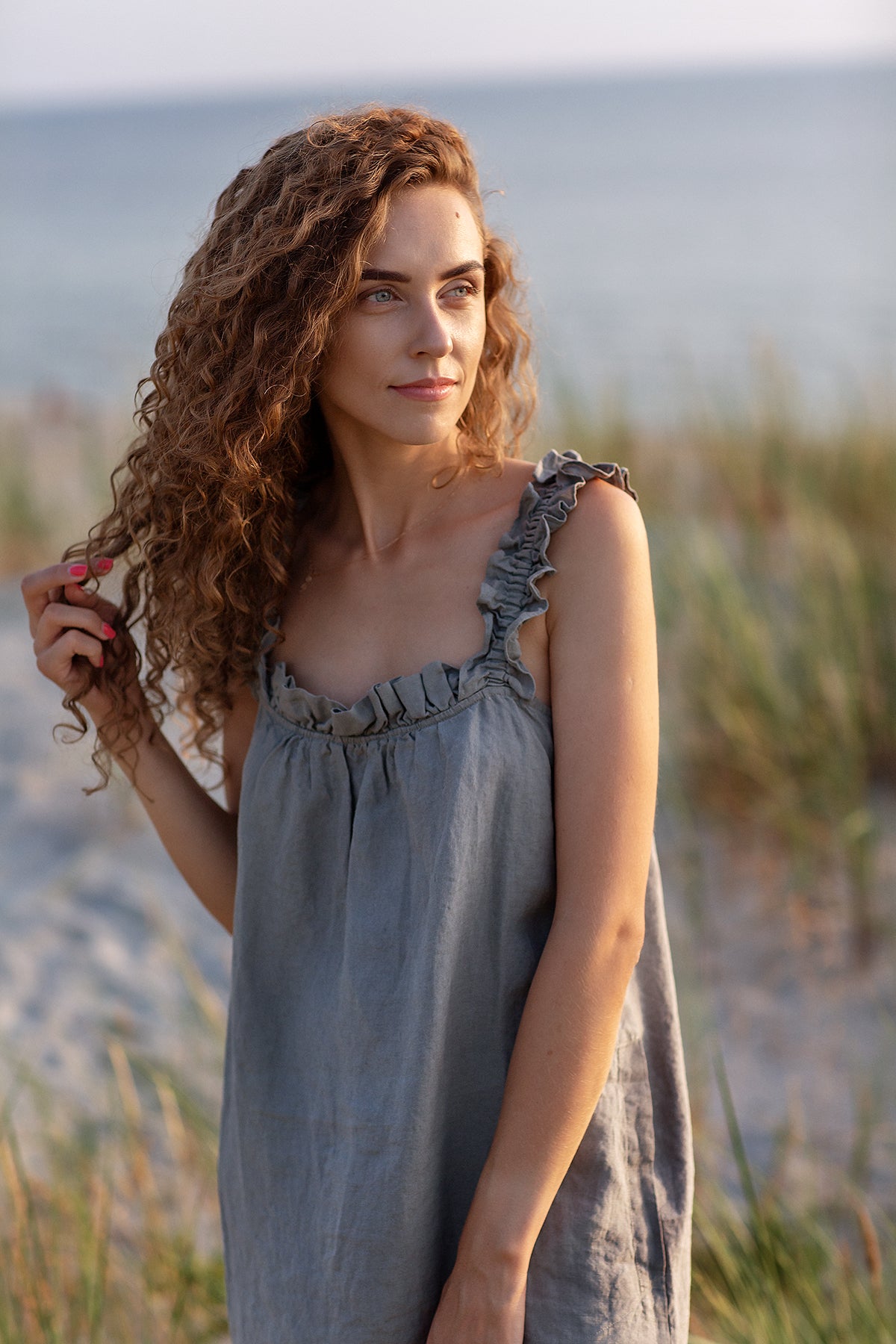 Playful linen midi dress – ruffled front and stripes
