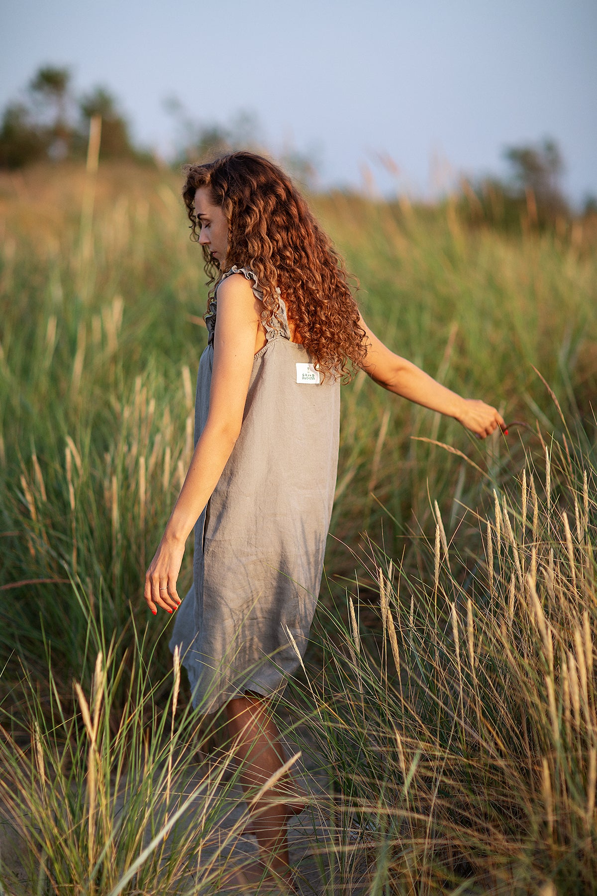 Summer Linen Dress with ruffled straps and pockets 