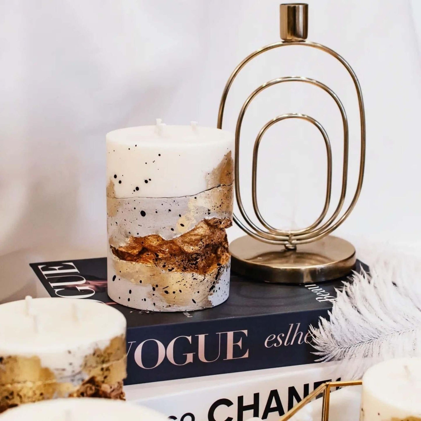 Elegant sustainable candle in golden concrete, multifunctional 3-in-1 design