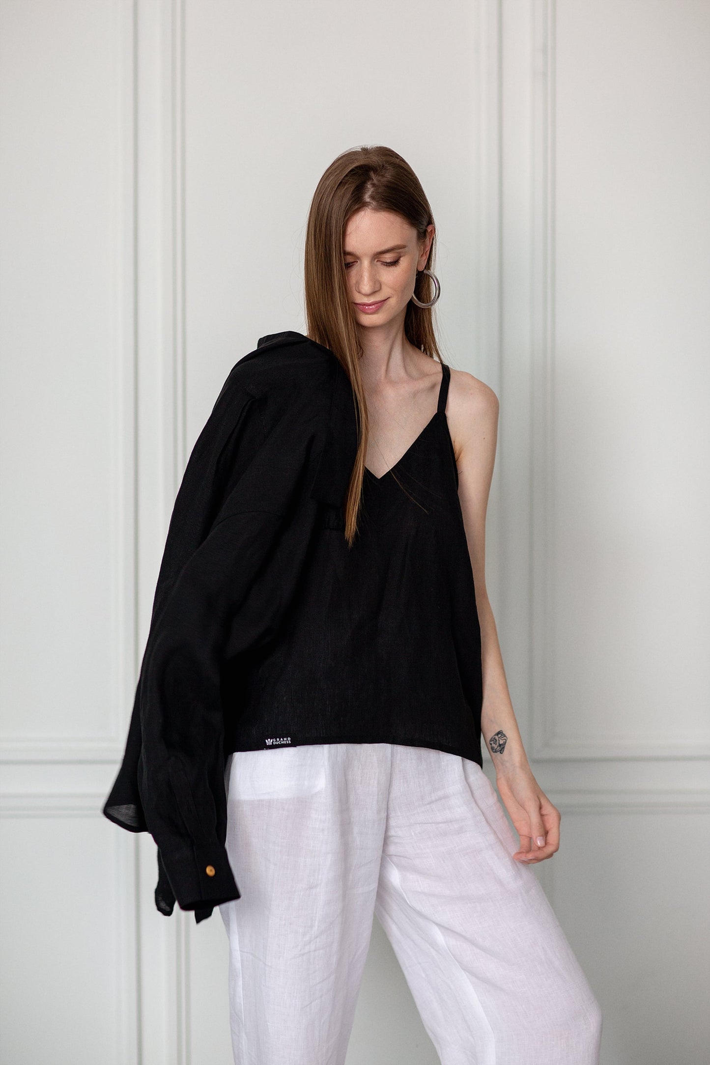 Black linen top for women, breathable 100% natural softened linen