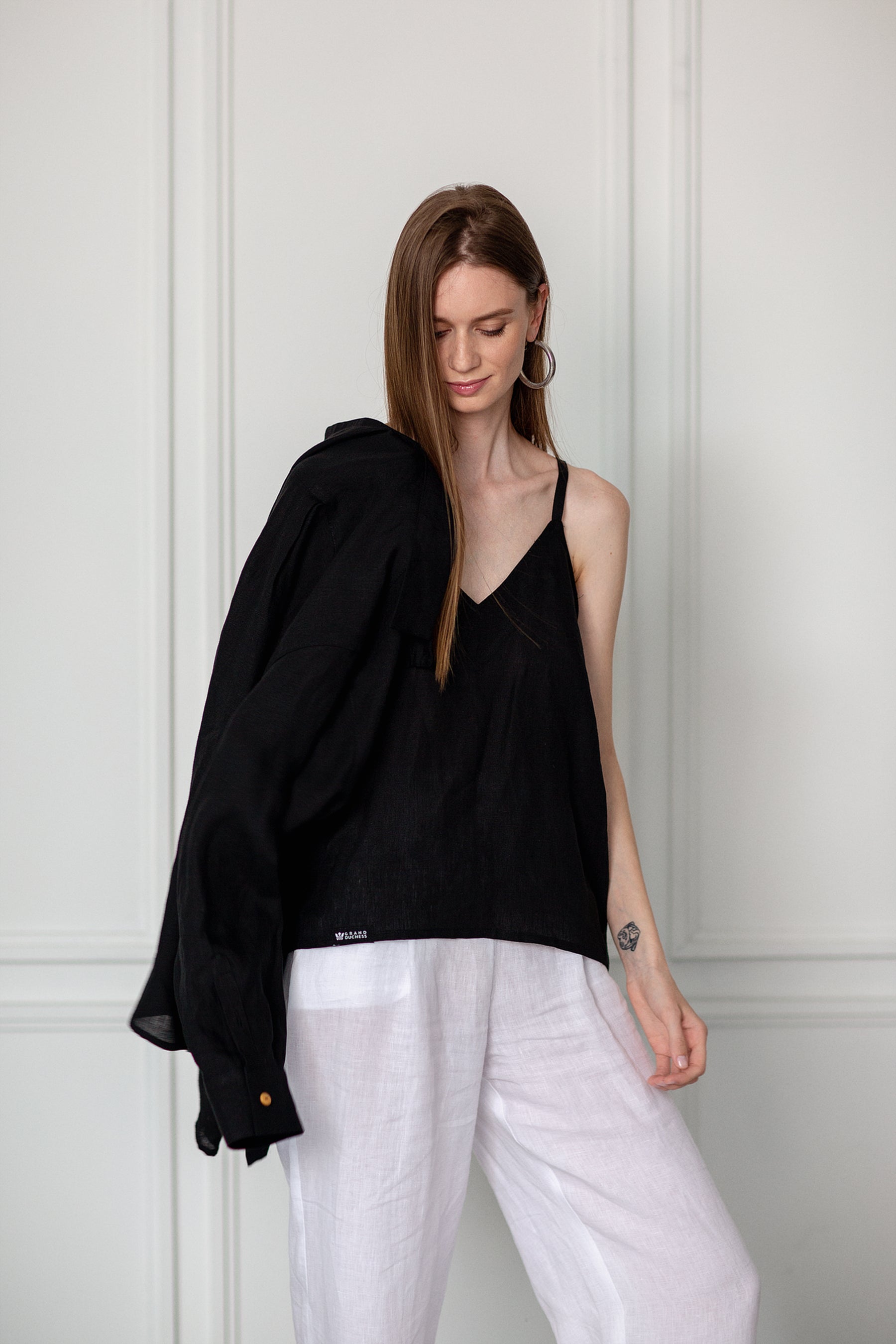 Black linen top for women, breathable 100% natural softened linen