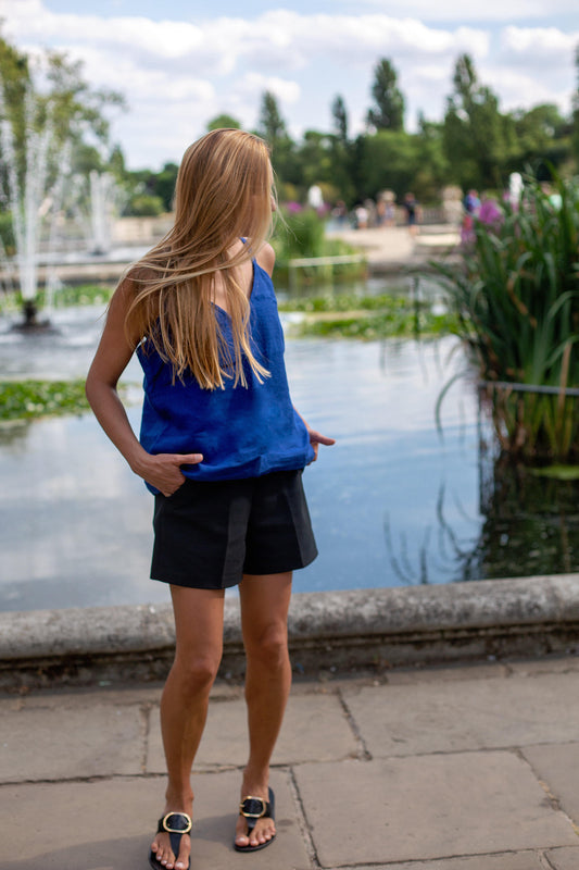 Women’s royal blue linen top Venus by Grand Duchess, lightweight and breezy with adjustable shoulder straps