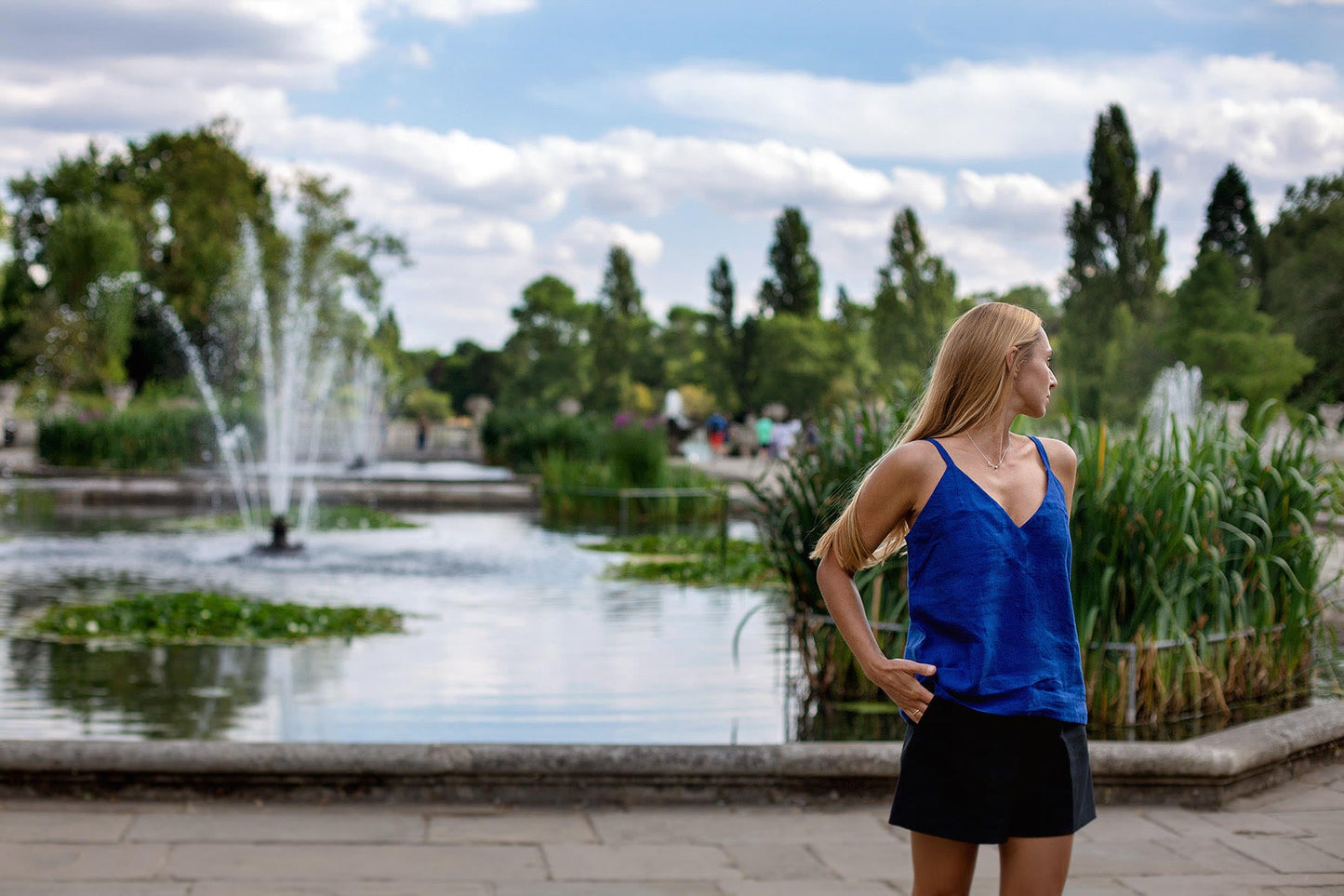 Elegant deep blue linen top Venus with fixing spaghetti straps, lightly loose fit for casual and vacation wear