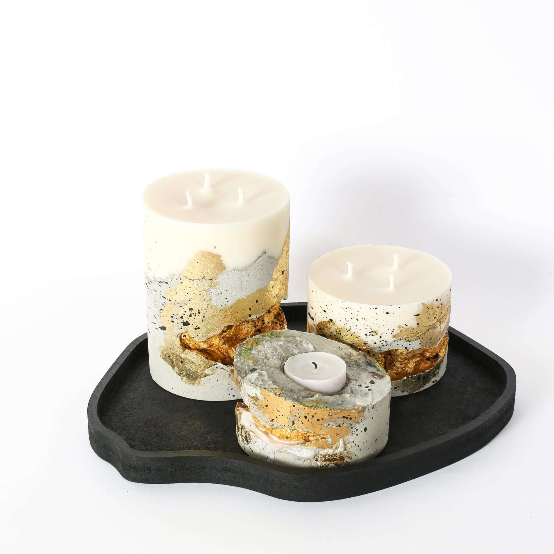 Decorative concrete candle with golden detail, reusable base for small tea lights
